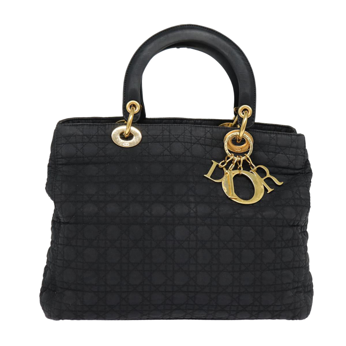 Christian Dior Lady Dior Canage Hand Bag Nylon Black Gold Auth 88140