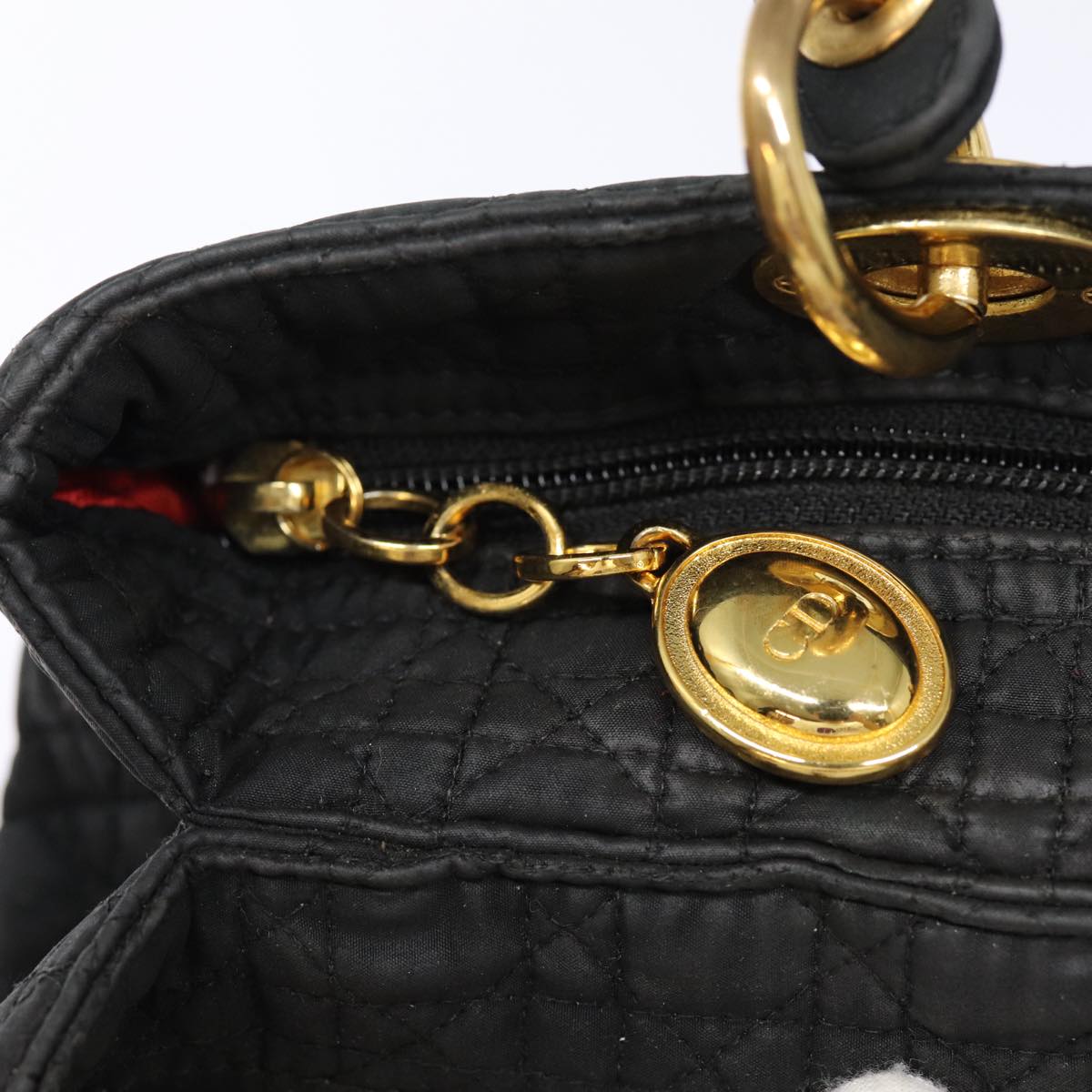 Christian Dior Lady Dior Canage Hand Bag Nylon Black Gold Auth 88140