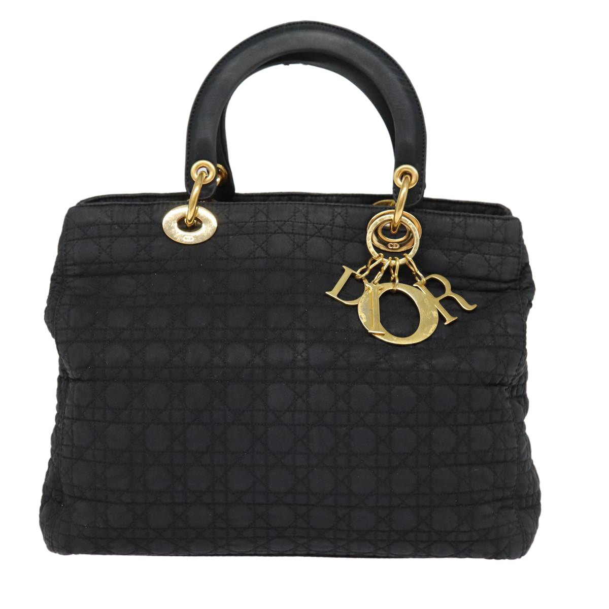 Christian Dior Lady Dior Canage Hand Bag Nylon Black Gold Auth 88140