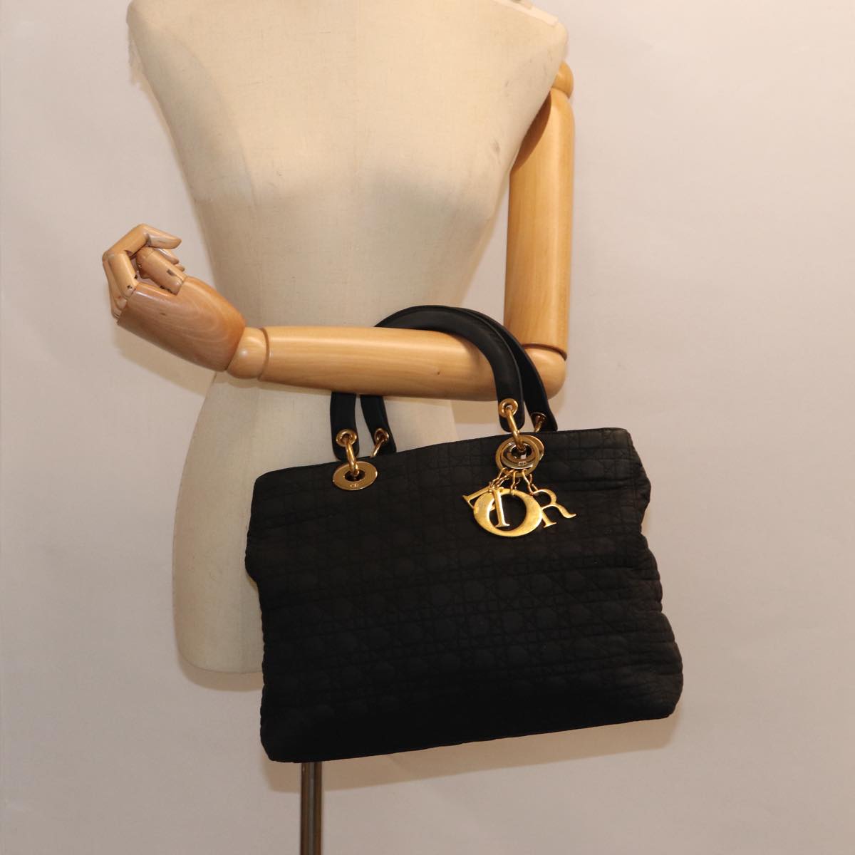 Christian Dior Lady Dior Canage Hand Bag Nylon Black Gold Auth 88140