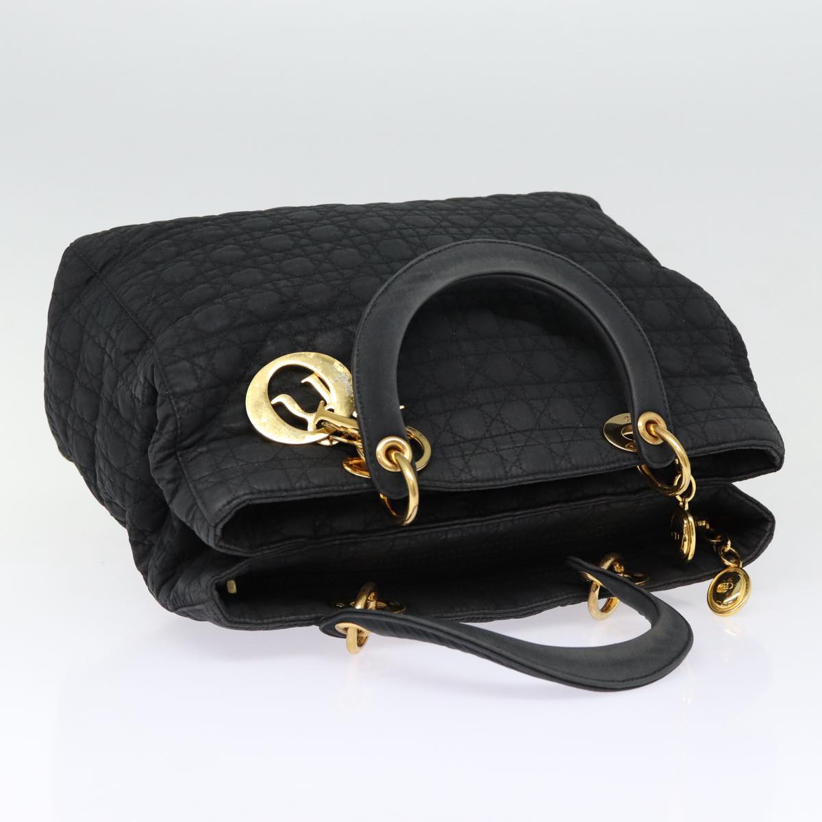 Christian Dior Lady Dior Canage Hand Bag Nylon Black Gold Auth 88140