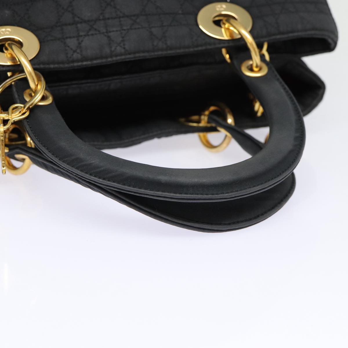 Christian Dior Lady Dior Canage Hand Bag Nylon Black Gold Auth 88140