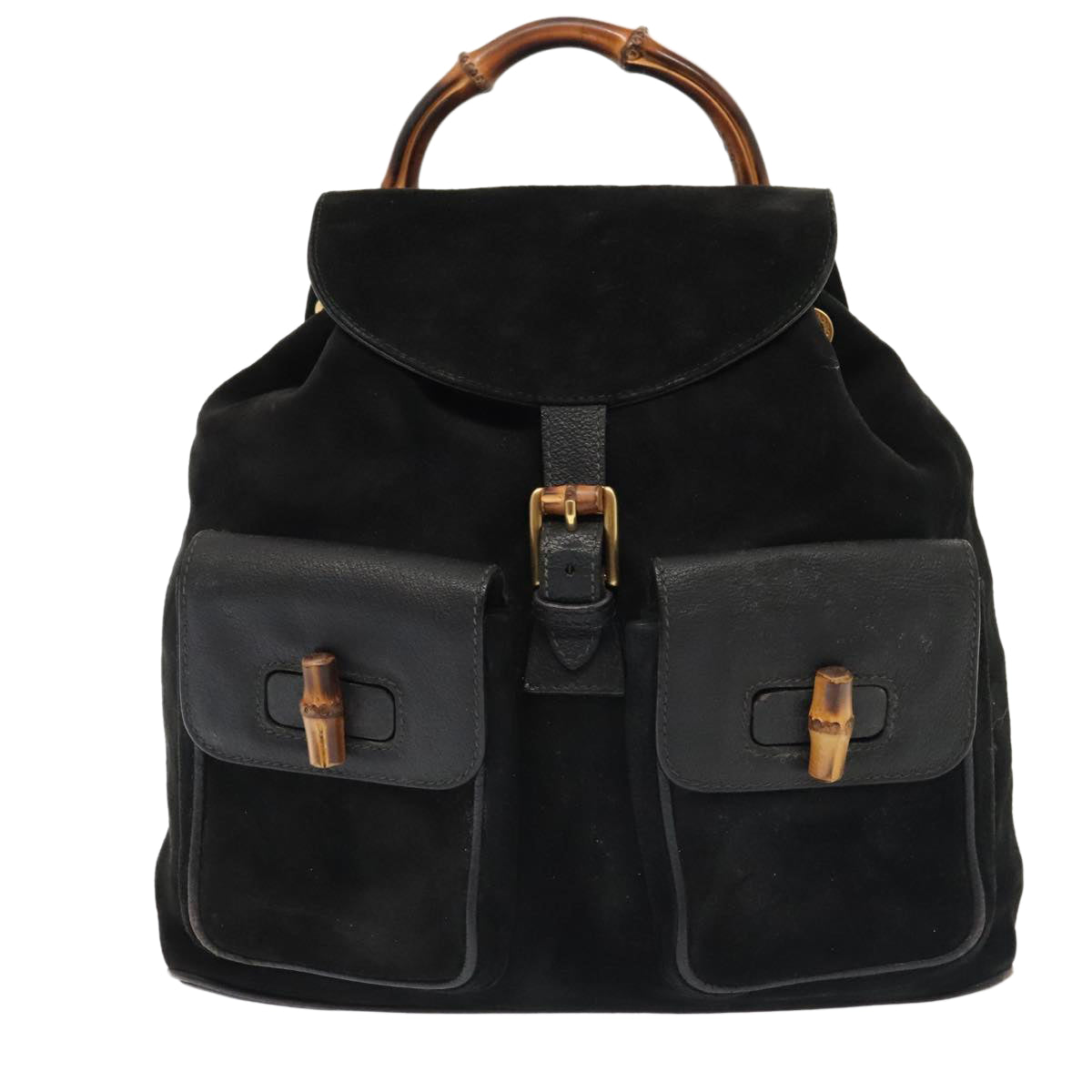 GUCCI Bamboo Backpack Suede Black Gold 003 58 0016 Auth 88180