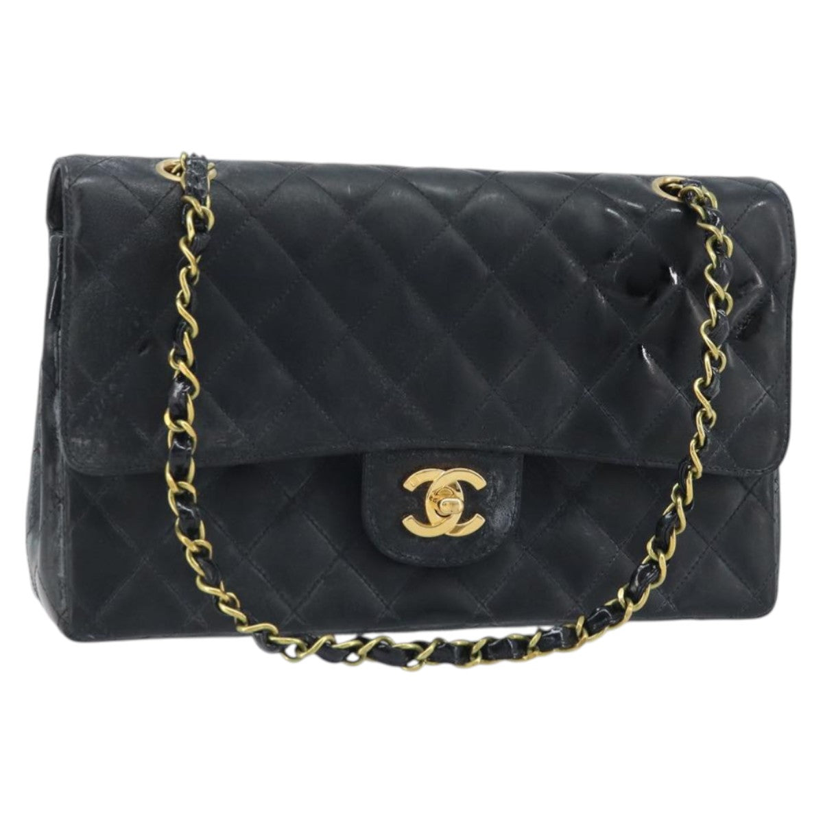 CHANEL Matelasse Chain Shoulder Bag Leather Black Gold CC Auth 88183