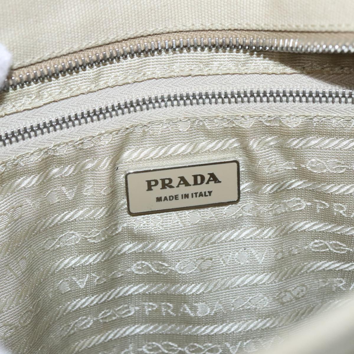 PRADA Hand Bag Canvas Leather Beige Baby Blue Silver Auth 88202