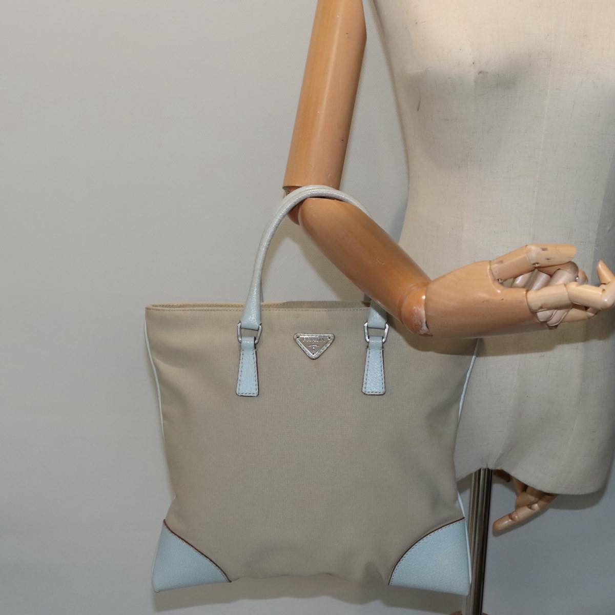 PRADA Hand Bag Canvas Leather Beige Baby Blue Silver Auth 88202