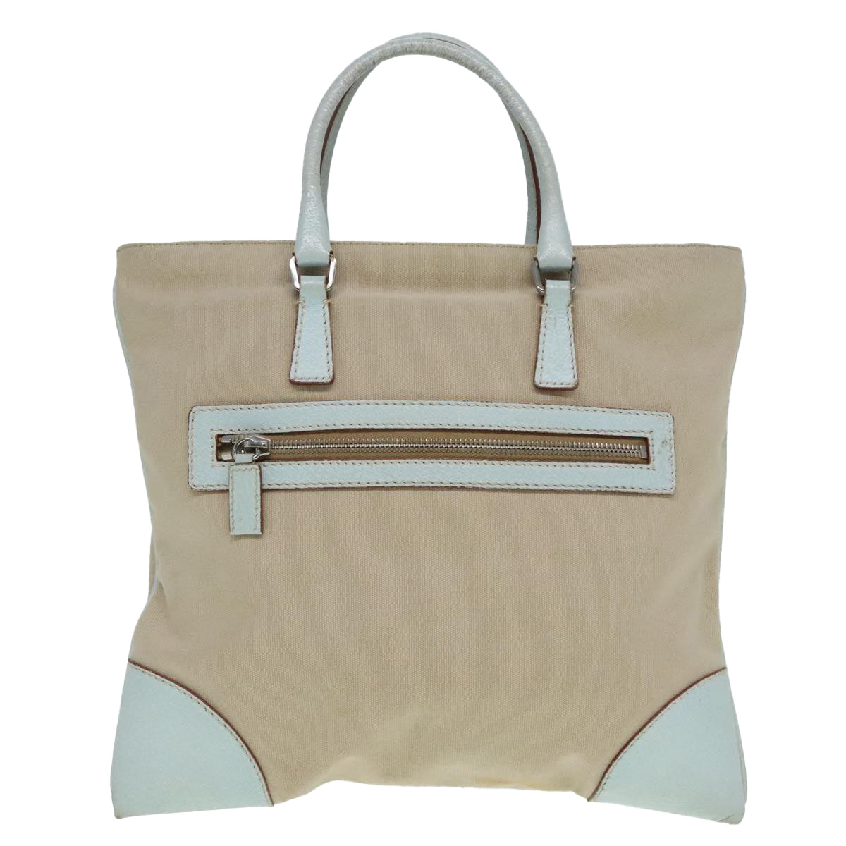 PRADA Hand Bag Canvas Leather Beige Baby Blue Silver Auth 88202