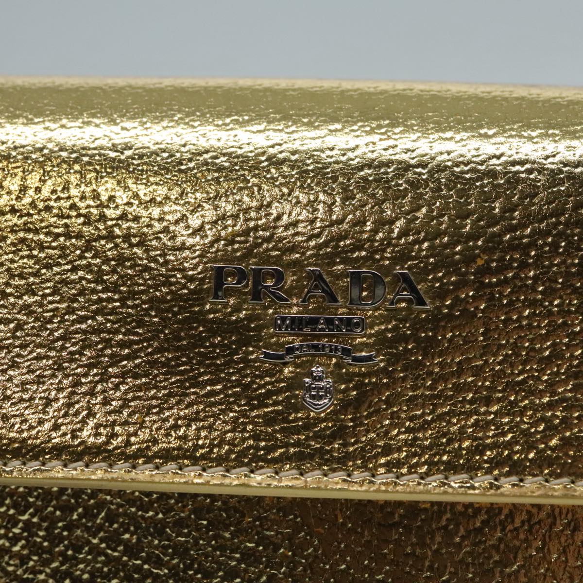 PRADA Accessory Pouch Leather Silver Gold Auth 88214