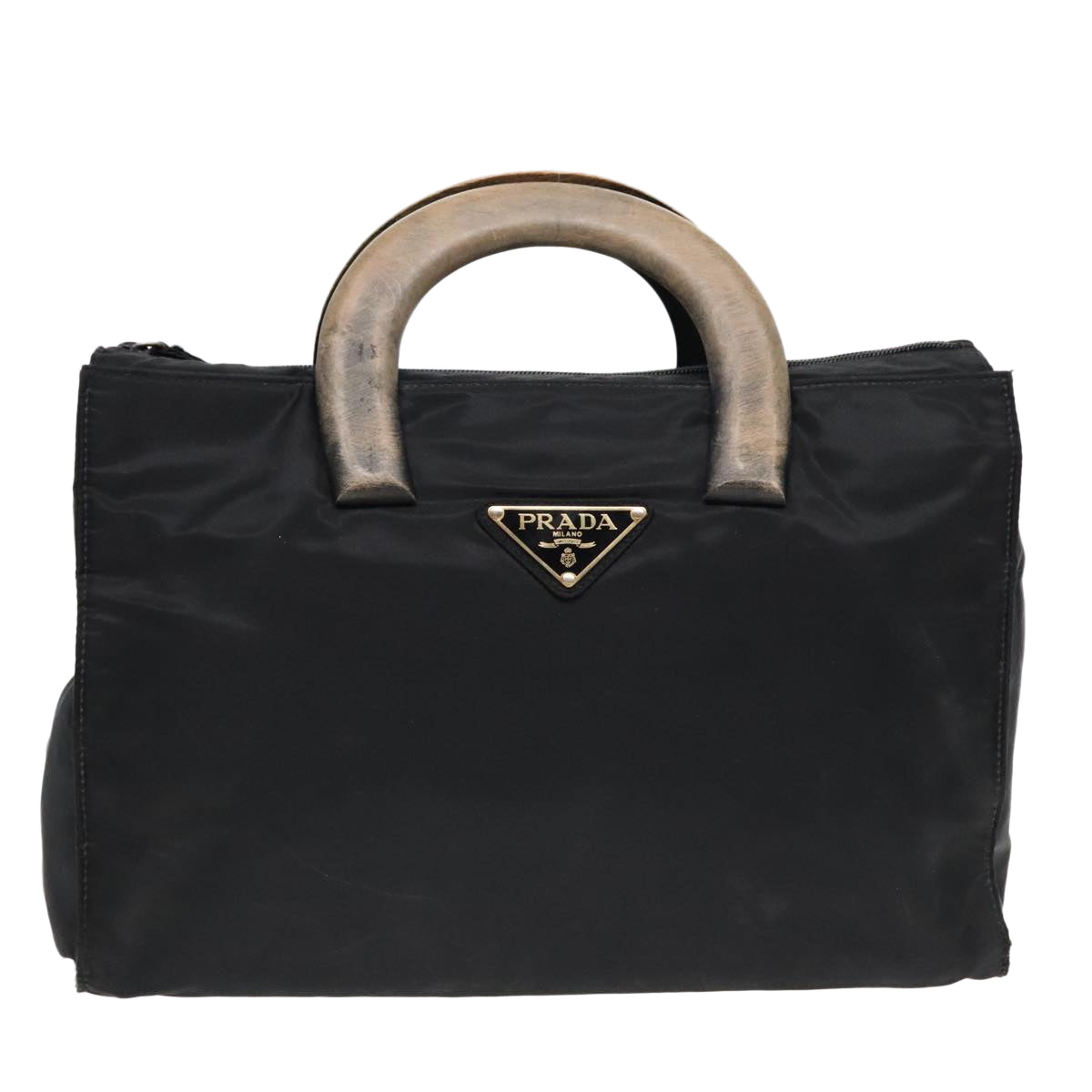 PRADA Wood Hand Bag Nylon Black Silver Auth 88225