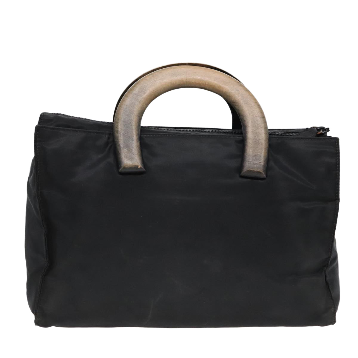 PRADA Wood Hand Bag Nylon Black Silver Auth 88225