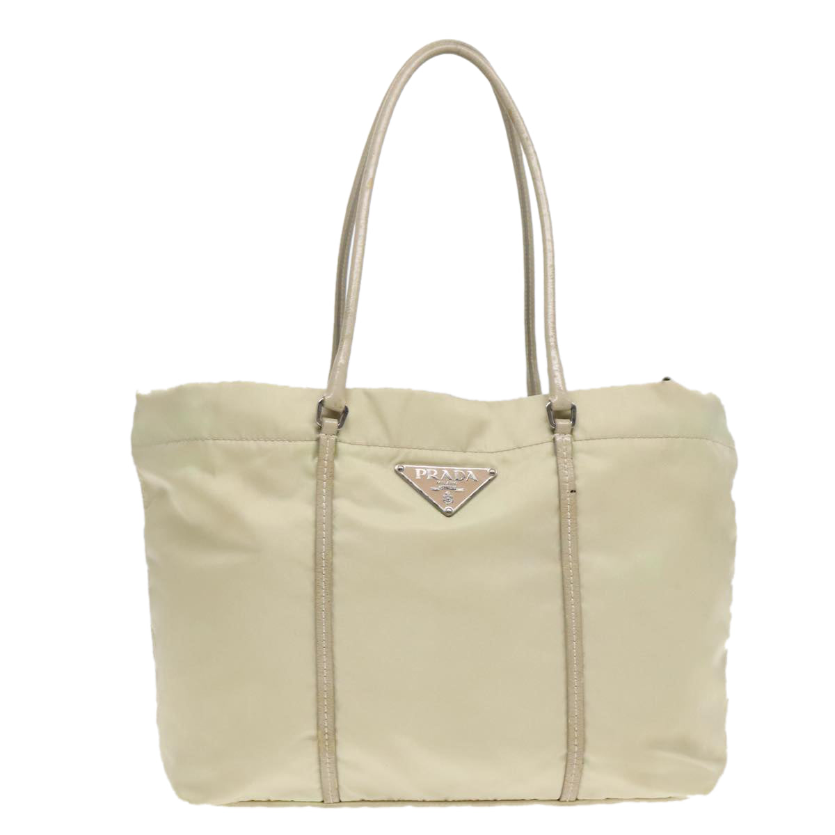 PRADA Tote Bag Nylon Leather Beige Silver Auth 88226