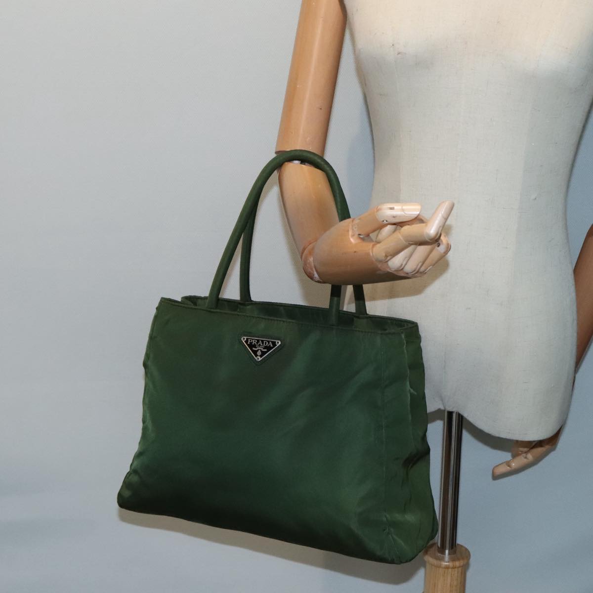 PRADA Hand Bag Nylon Green Silver Auth 88238