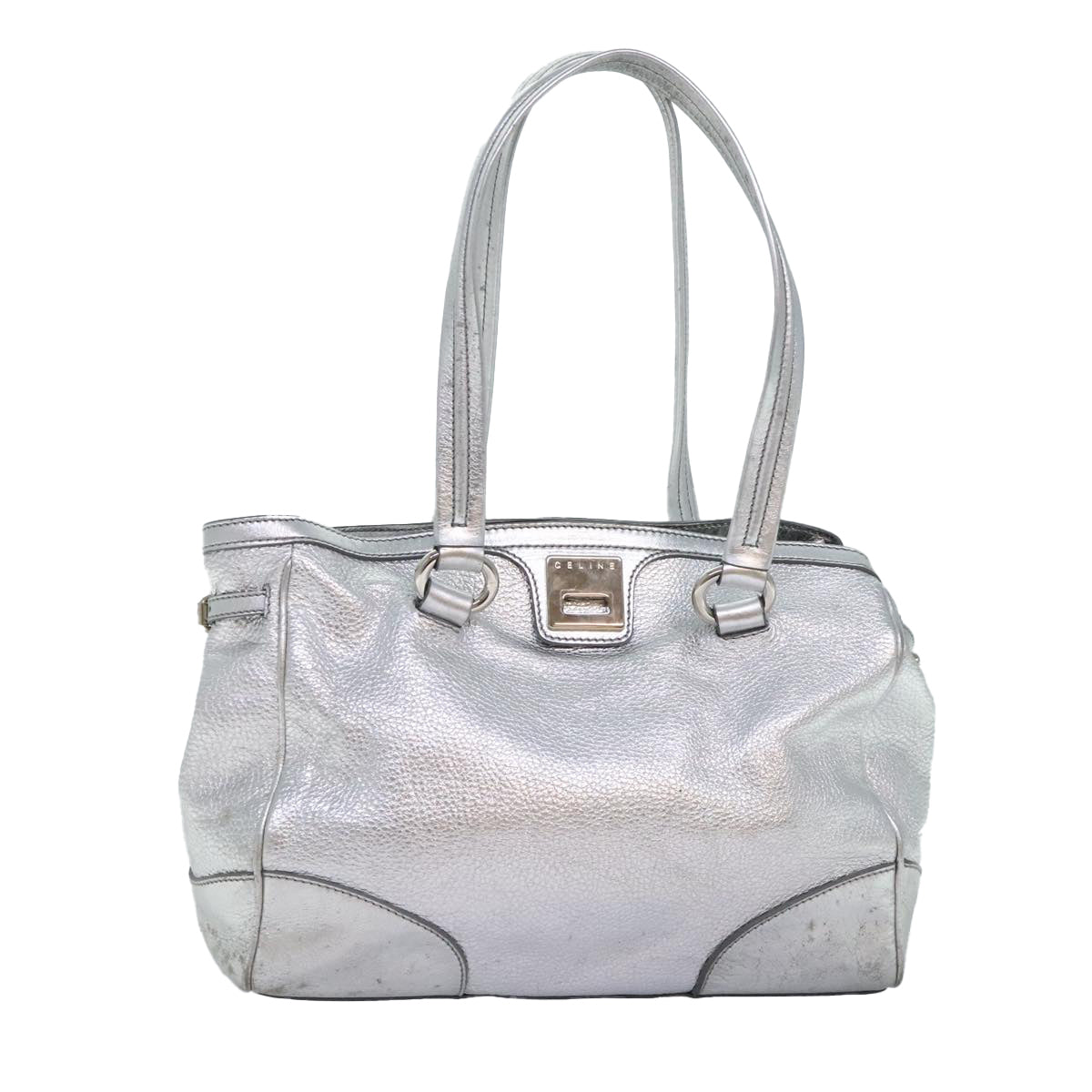 CELINE Tote Bag Leather Silver Auth 88261