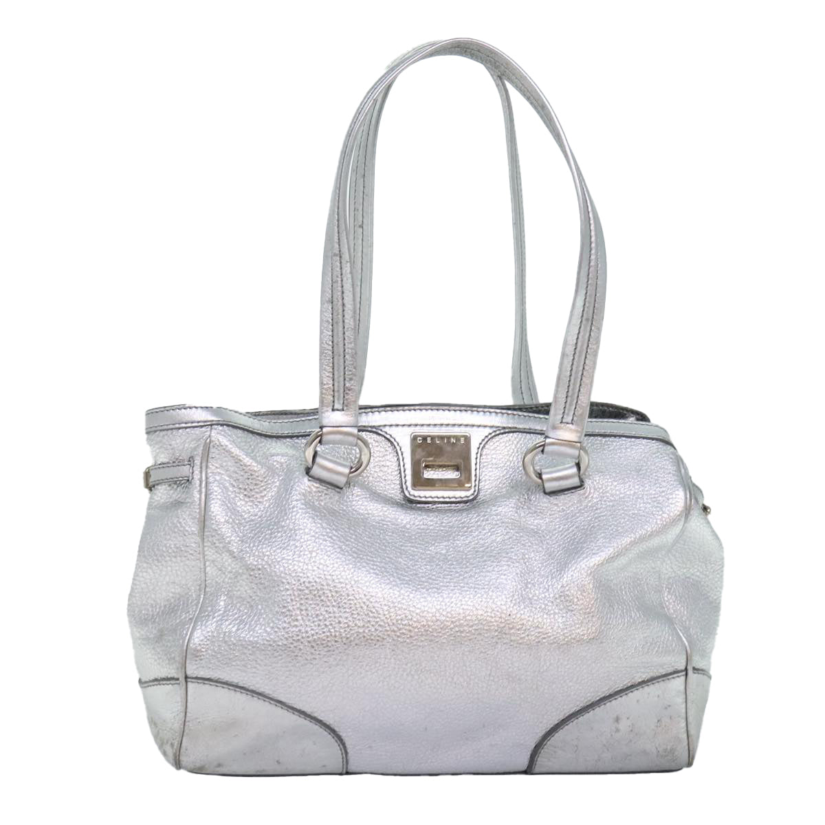 CELINE Tote Bag Leather Silver Auth 88261