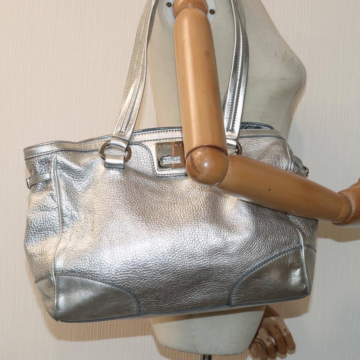 CELINE Tote Bag Leather Silver Auth 88261