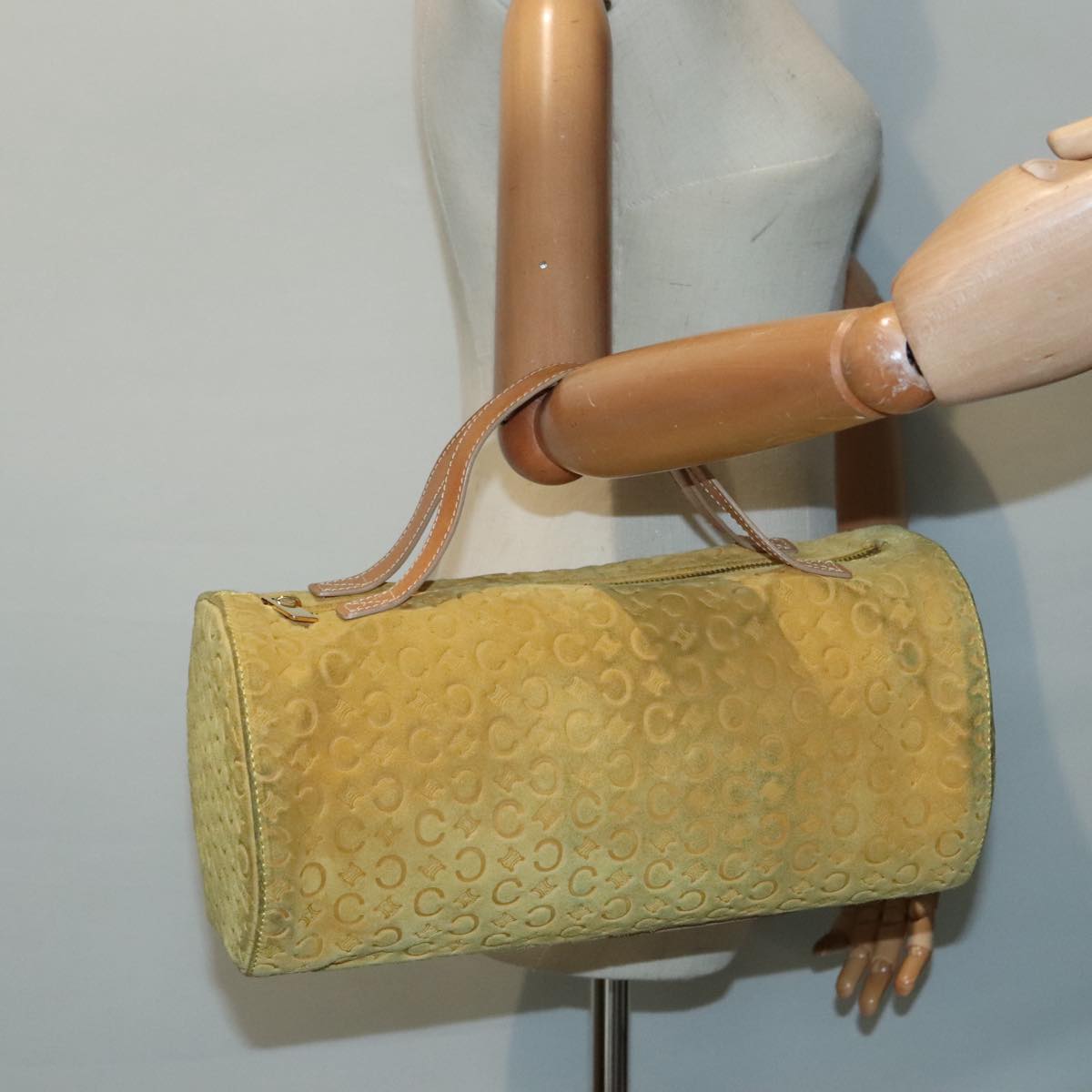 CELINE C Macadam Canvas Hand Bag Yellow Gold Auth 88280