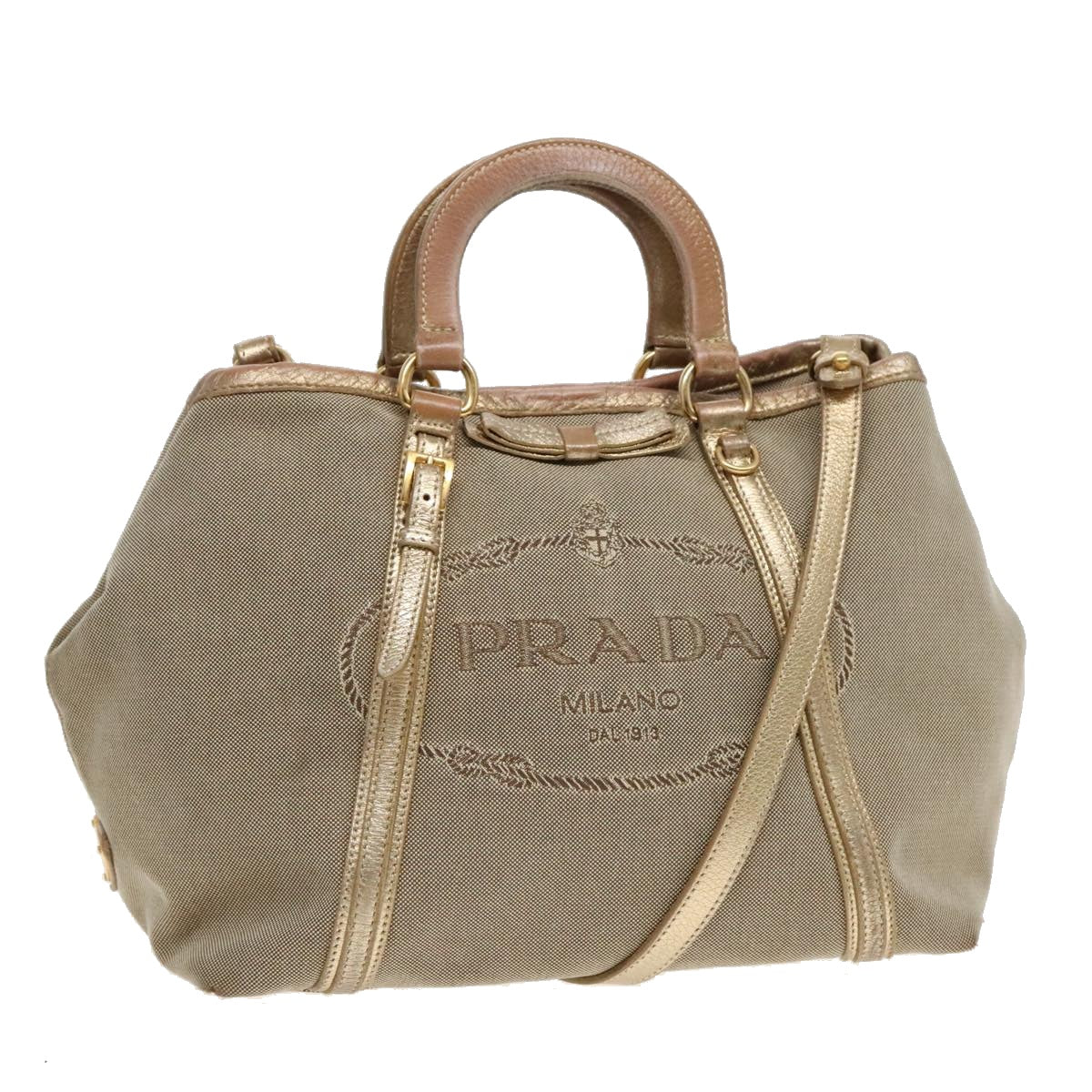 PRADA Hand Bag Canvas 2way Beige Gold Auth 88289