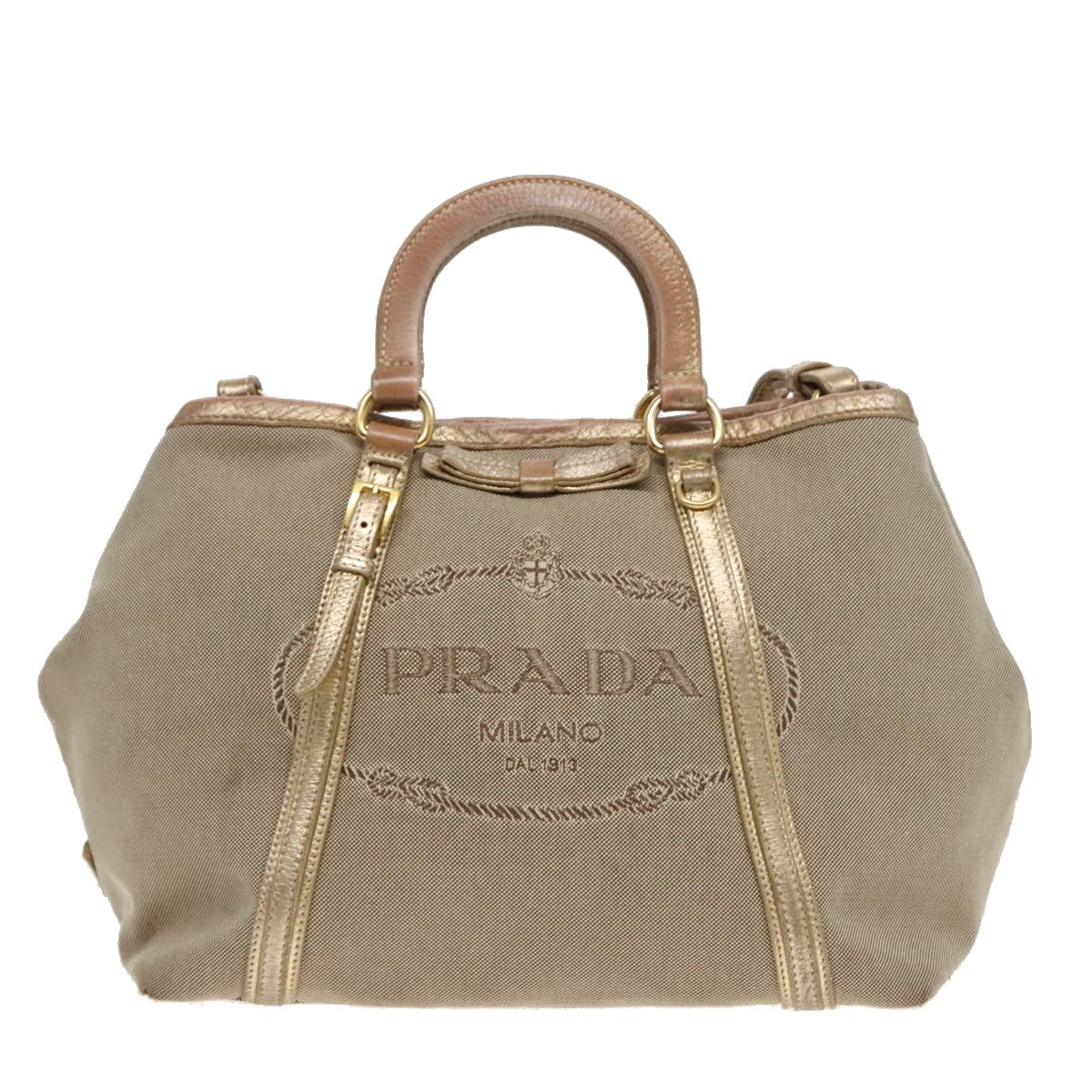 PRADA Hand Bag Canvas 2way Beige Gold Auth 88289