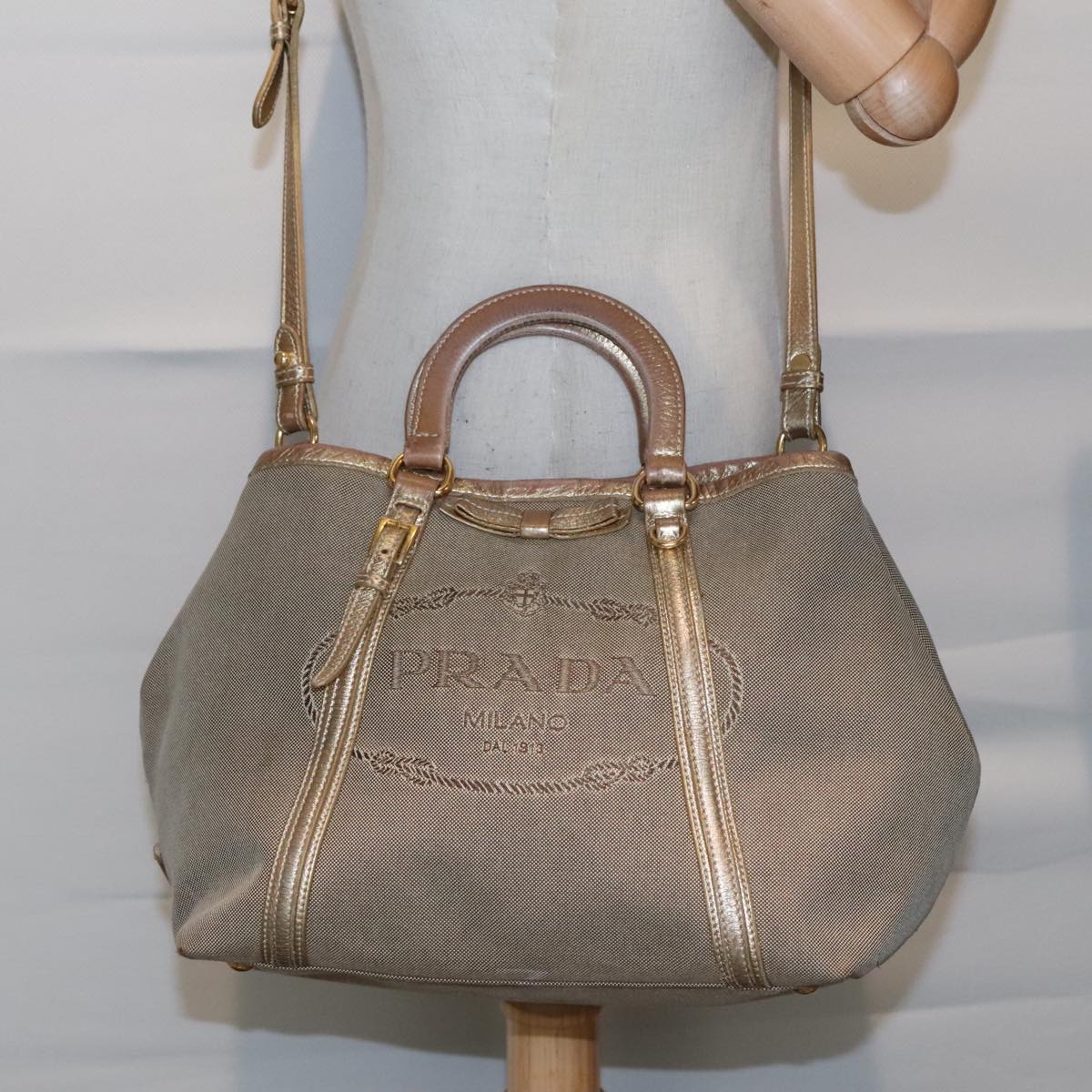 PRADA Hand Bag Canvas 2way Beige Gold Auth 88289