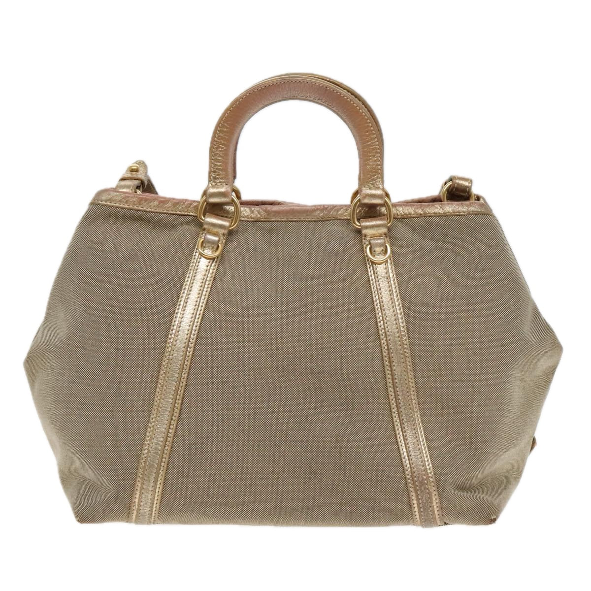 PRADA Hand Bag Canvas 2way Beige Gold Auth 88289