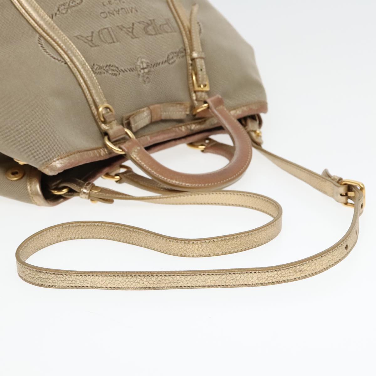 PRADA Hand Bag Canvas 2way Beige Gold Auth 88289