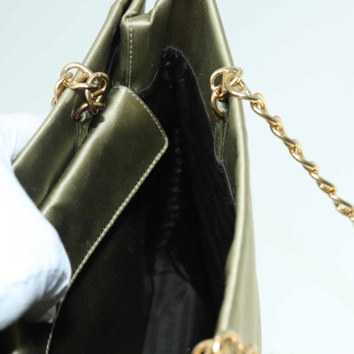 PRADA Chain Hand Bag Satin Khaki Gold Auth 88296