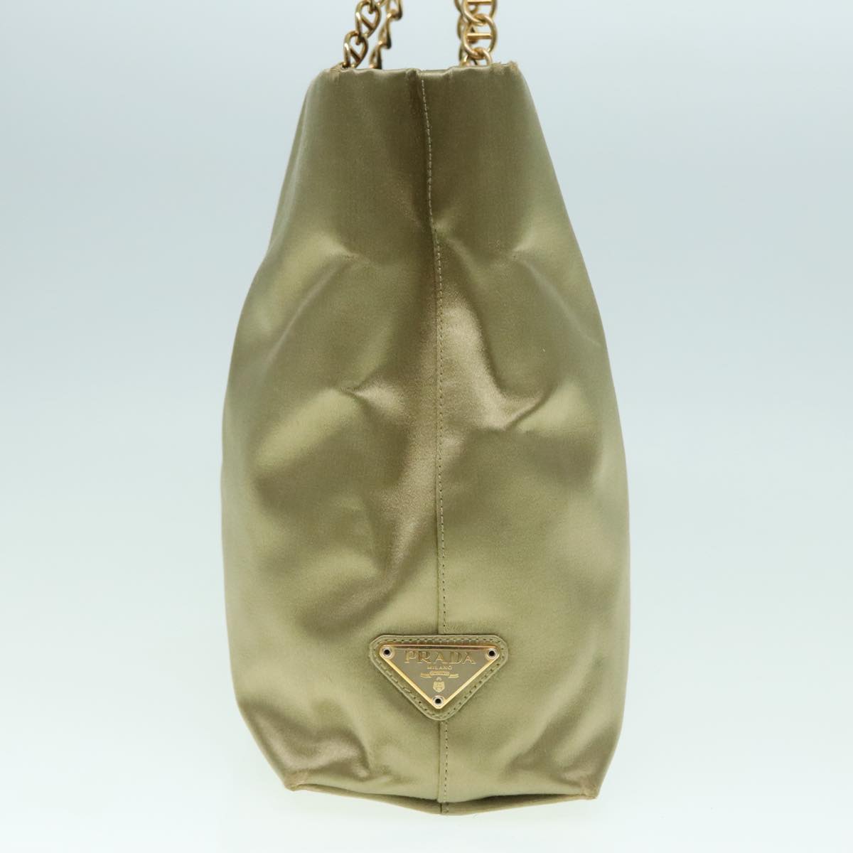 PRADA Chain Hand Bag Satin Khaki Gold Auth 88296