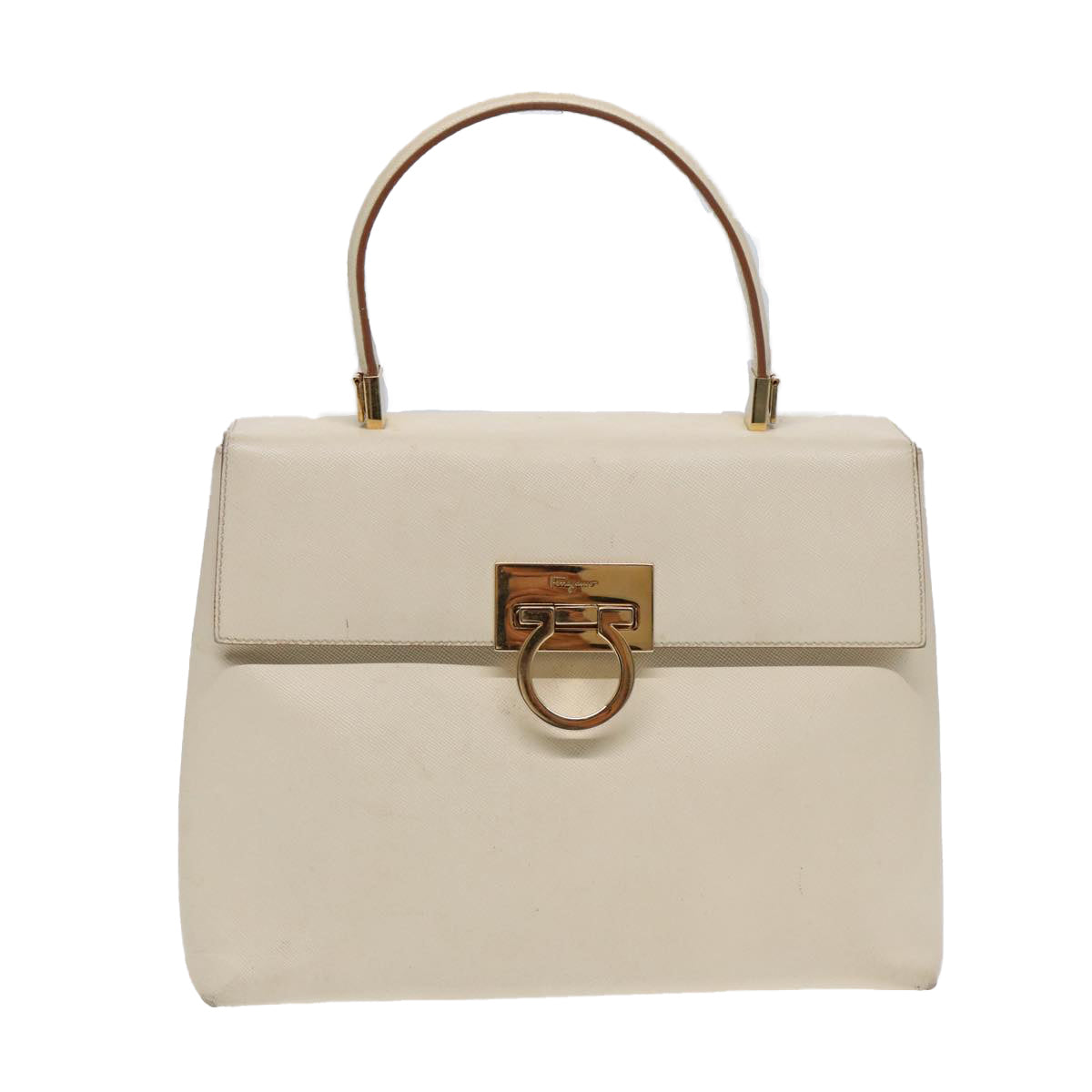 Salvatore Ferragamo Gancini Hand Bag Leather 2way White Gold Auth 88305