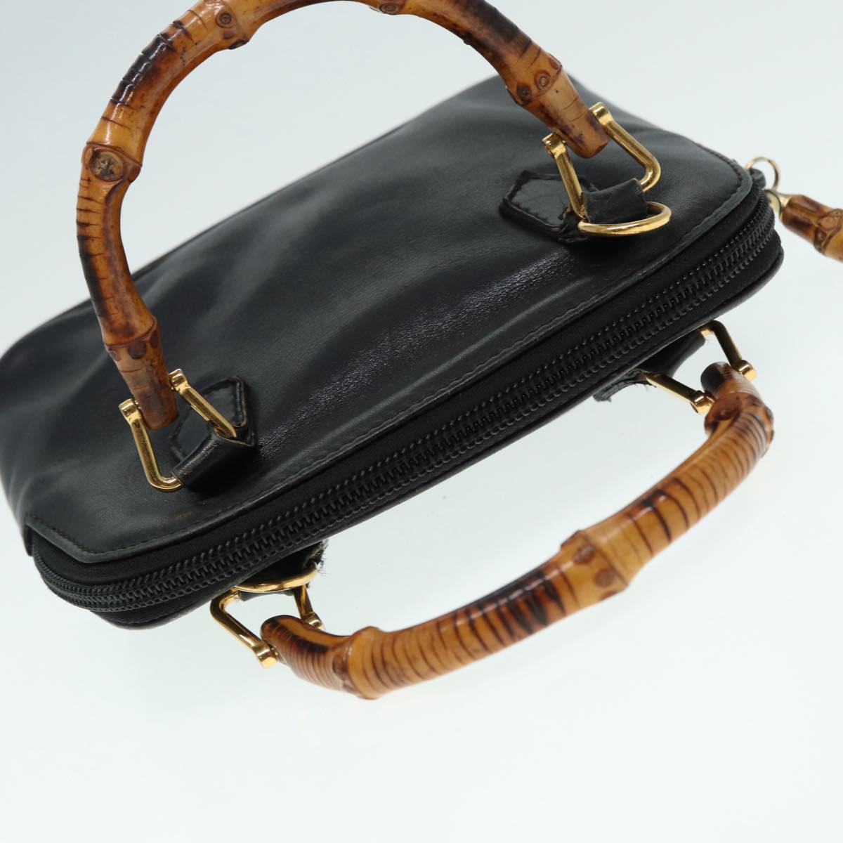 GUCCI Bamboo Hand Bag Leather 2way Black Gold 007 2032 0231 Auth 88410