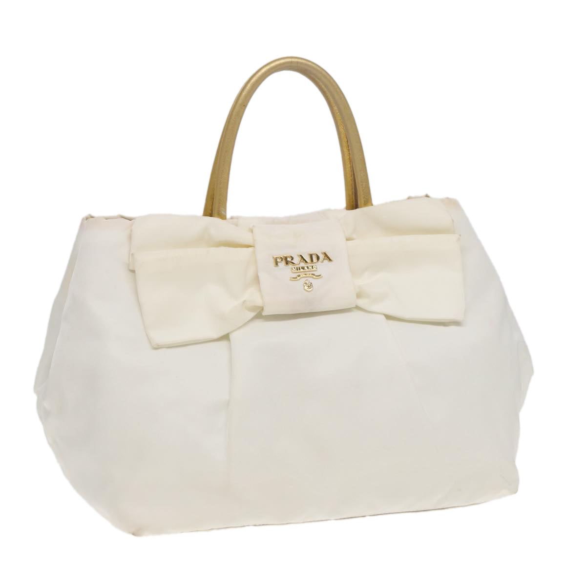 PRADA Ribbon Hand Bag Nylon White Gold Auth 88412