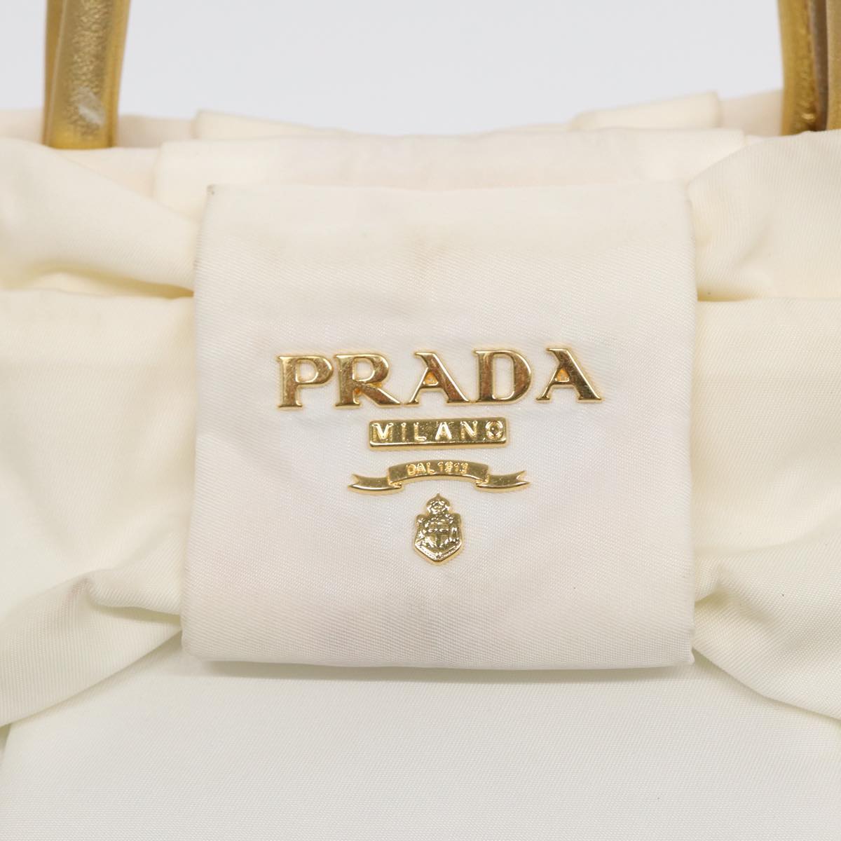 PRADA Ribbon Hand Bag Nylon White Gold Auth 88412