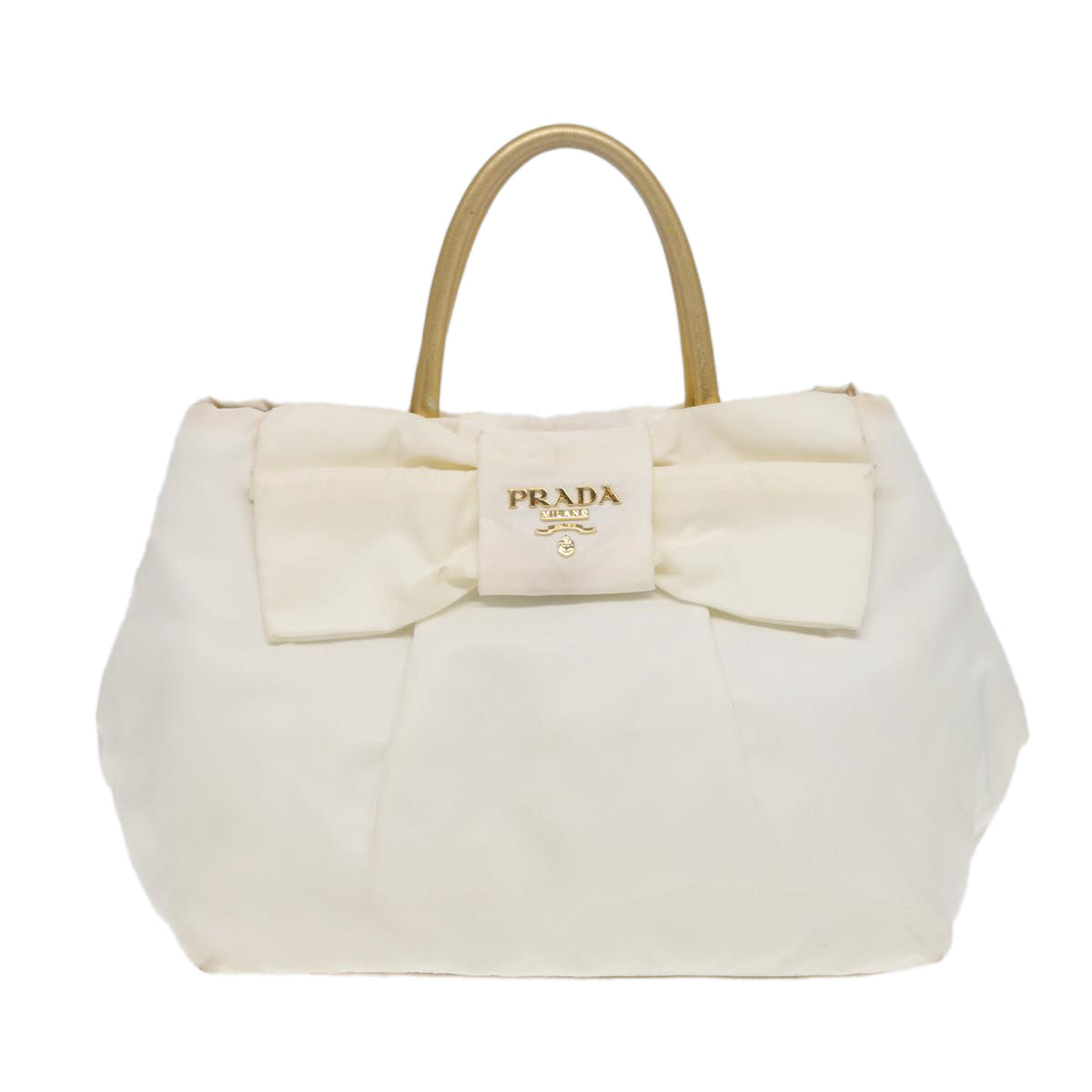 PRADA Ribbon Hand Bag Nylon White Gold Auth 88412