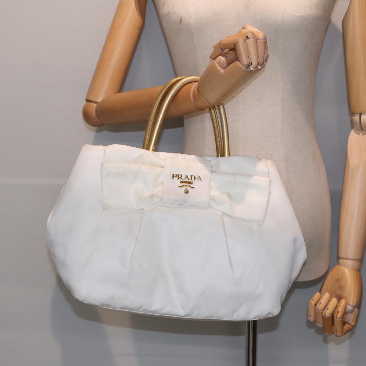 PRADA Ribbon Hand Bag Nylon White Gold Auth 88412