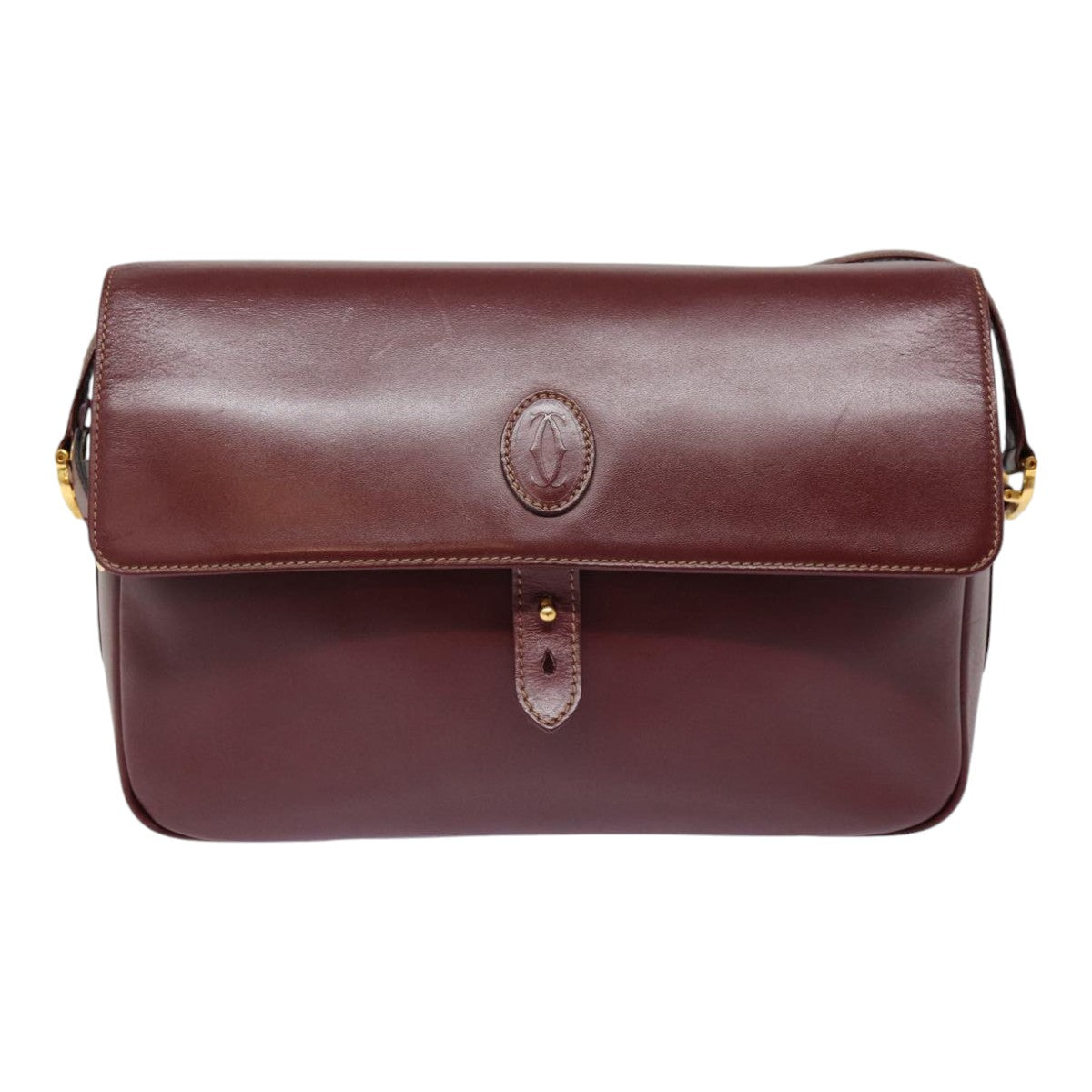 CARTIER Shoulder Bag Leather Bordeaux Gold Auth 88460