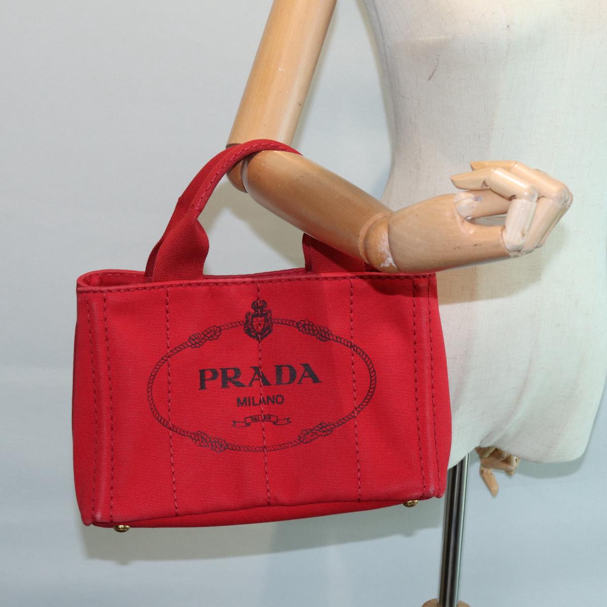 PRADA Canapa PM Hand Bag Canvas Red Gold Auth 88510