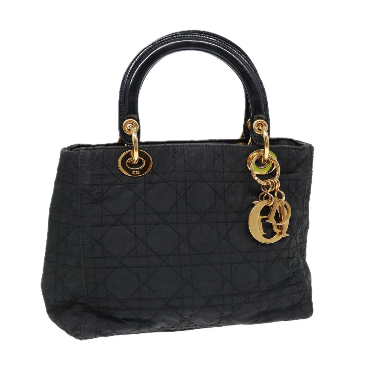 Christian Dior Lady Dior Canage Hand Bag Nylon Black Gold Auth 88569