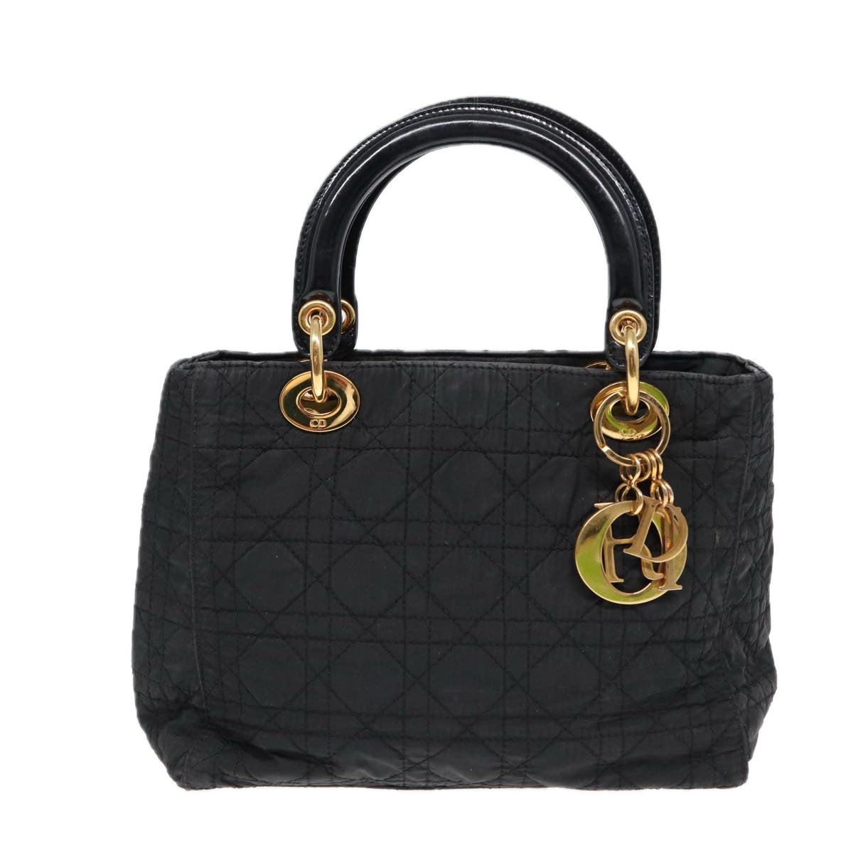 Christian Dior Lady Dior Canage Hand Bag Nylon Black Gold Auth 88569