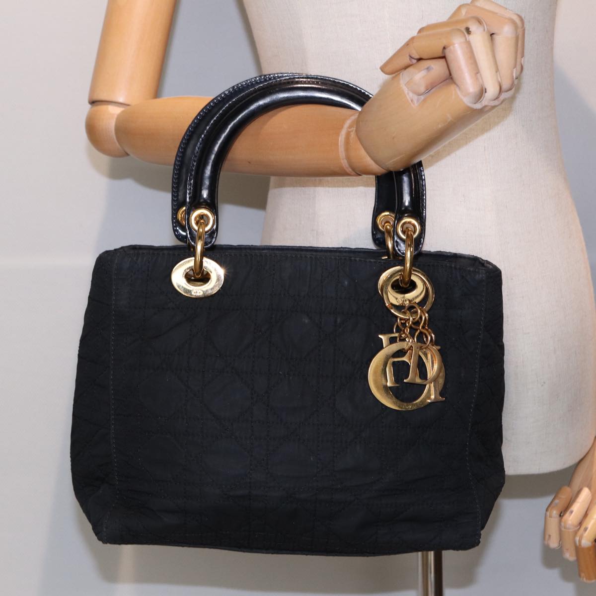 Christian Dior Lady Dior Canage Hand Bag Nylon Black Gold Auth 88569