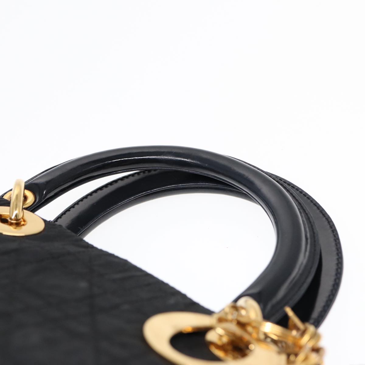 Christian Dior Lady Dior Canage Hand Bag Nylon Black Gold Auth 88569