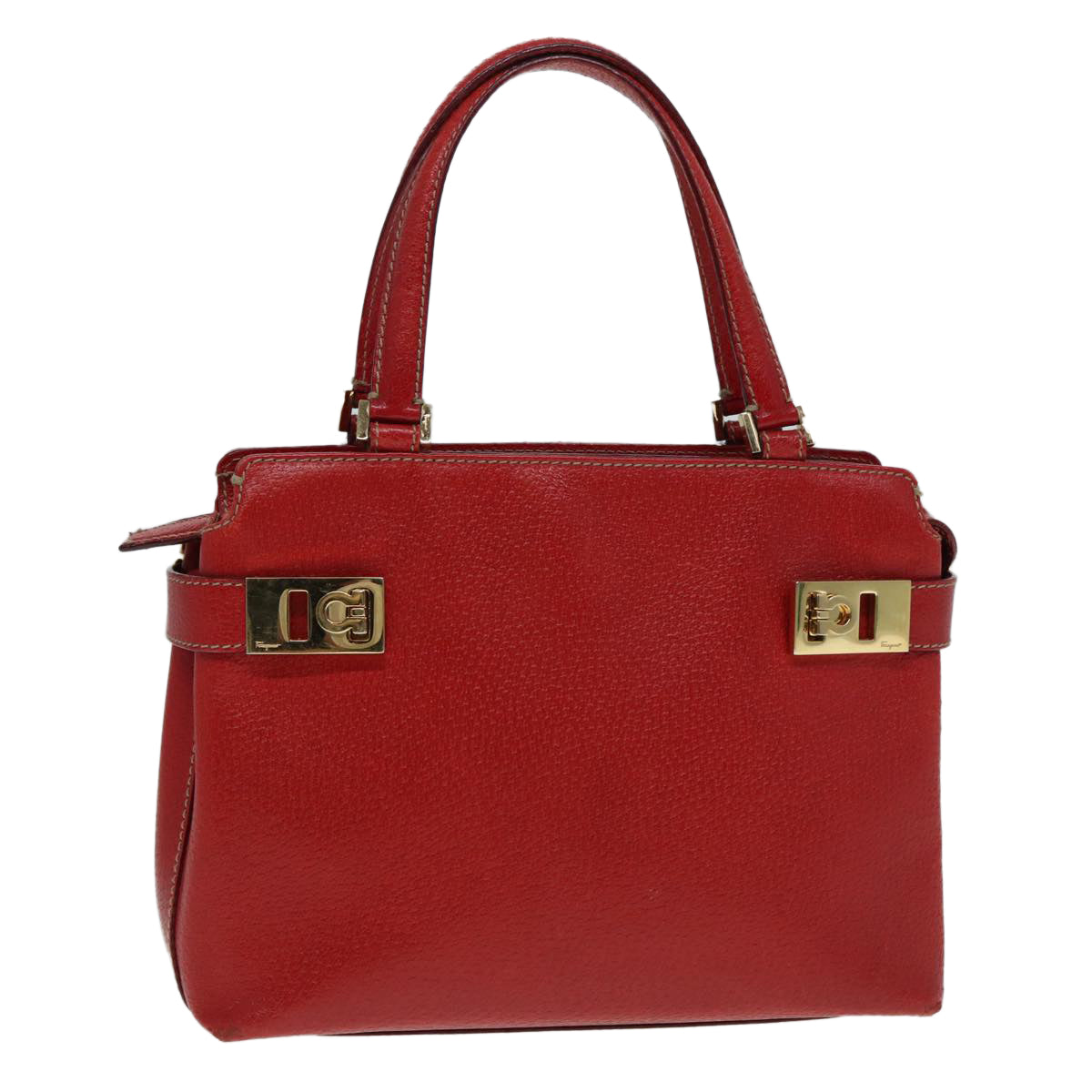 Salvatore Ferragamo Gancini Hand Bag Leather Red Gold Auth 88599