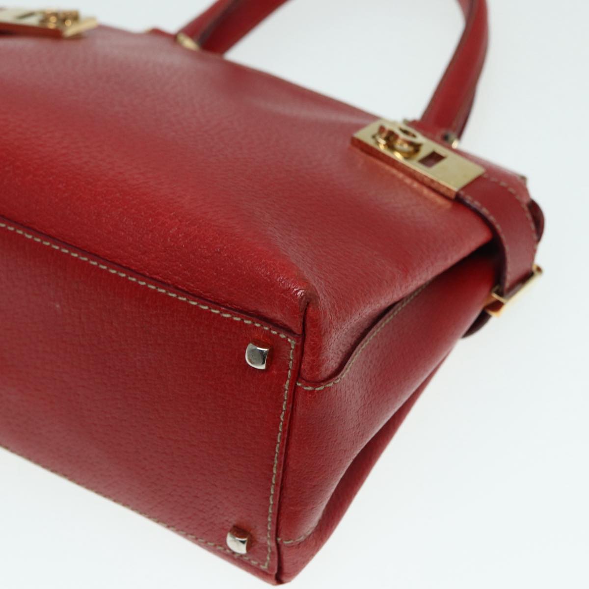 Salvatore Ferragamo Gancini Hand Bag Leather Red Gold Auth 88599