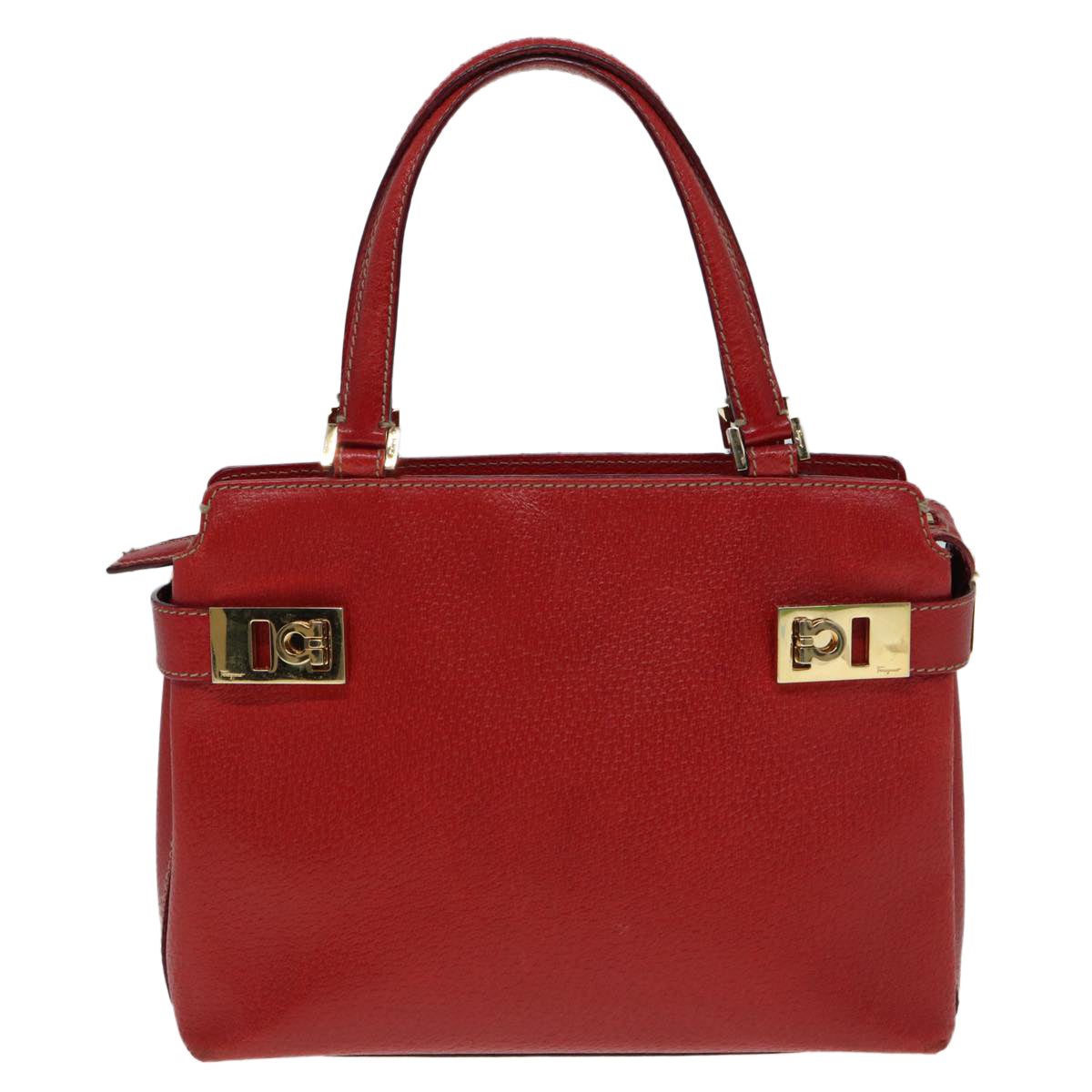 Salvatore Ferragamo Gancini Hand Bag Leather Red Gold Auth 88599