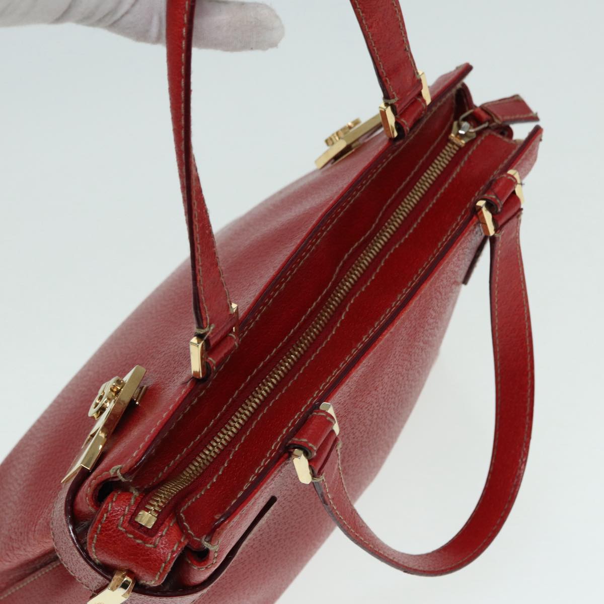 Salvatore Ferragamo Gancini Hand Bag Leather Red Gold Auth 88599