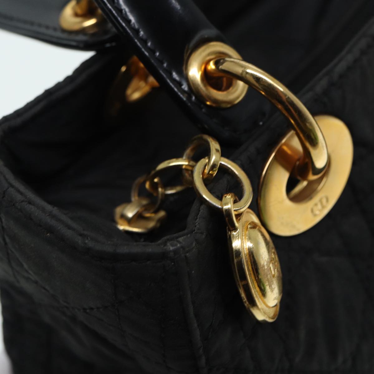 Christian Dior Canage Hand Bag Nylon Black Gold Auth 88600