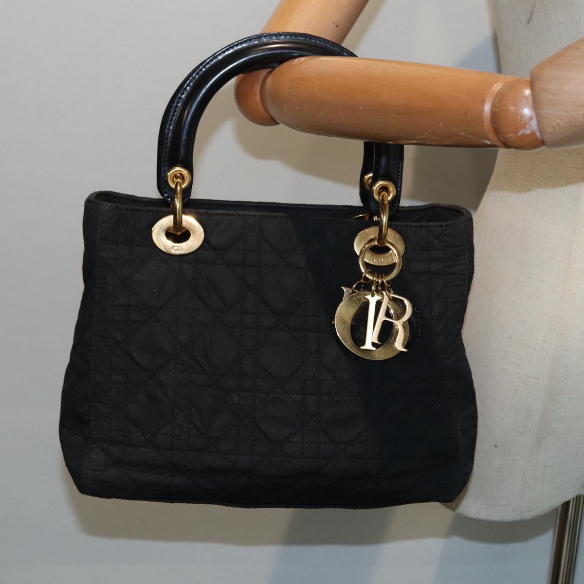 Christian Dior Canage Hand Bag Nylon Black Gold Auth 88600