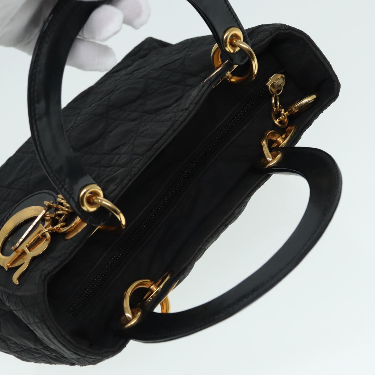 Christian Dior Canage Hand Bag Nylon Black Gold Auth 88600