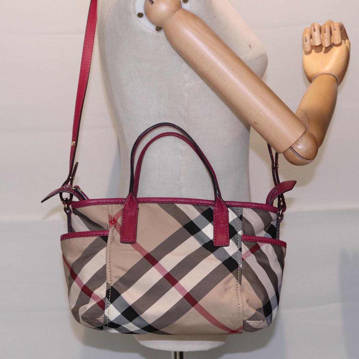 BURBERRY Nova Check Hand Bag Canvas 2way Beige Gold Auth 88617