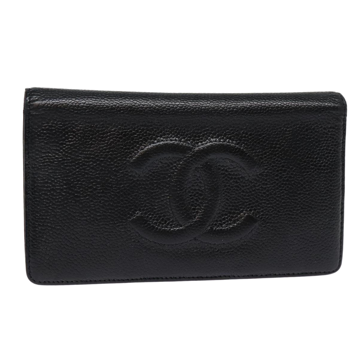 CHANEL COCO Mark Long Wallet Caviar Skin Black Silver CC Auth 88618