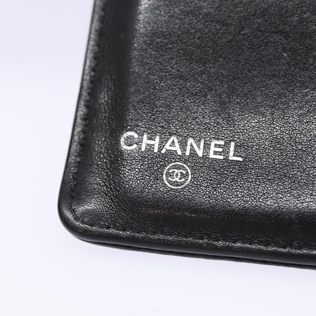 CHANEL COCO Mark Long Wallet Caviar Skin Black Silver CC Auth 88618