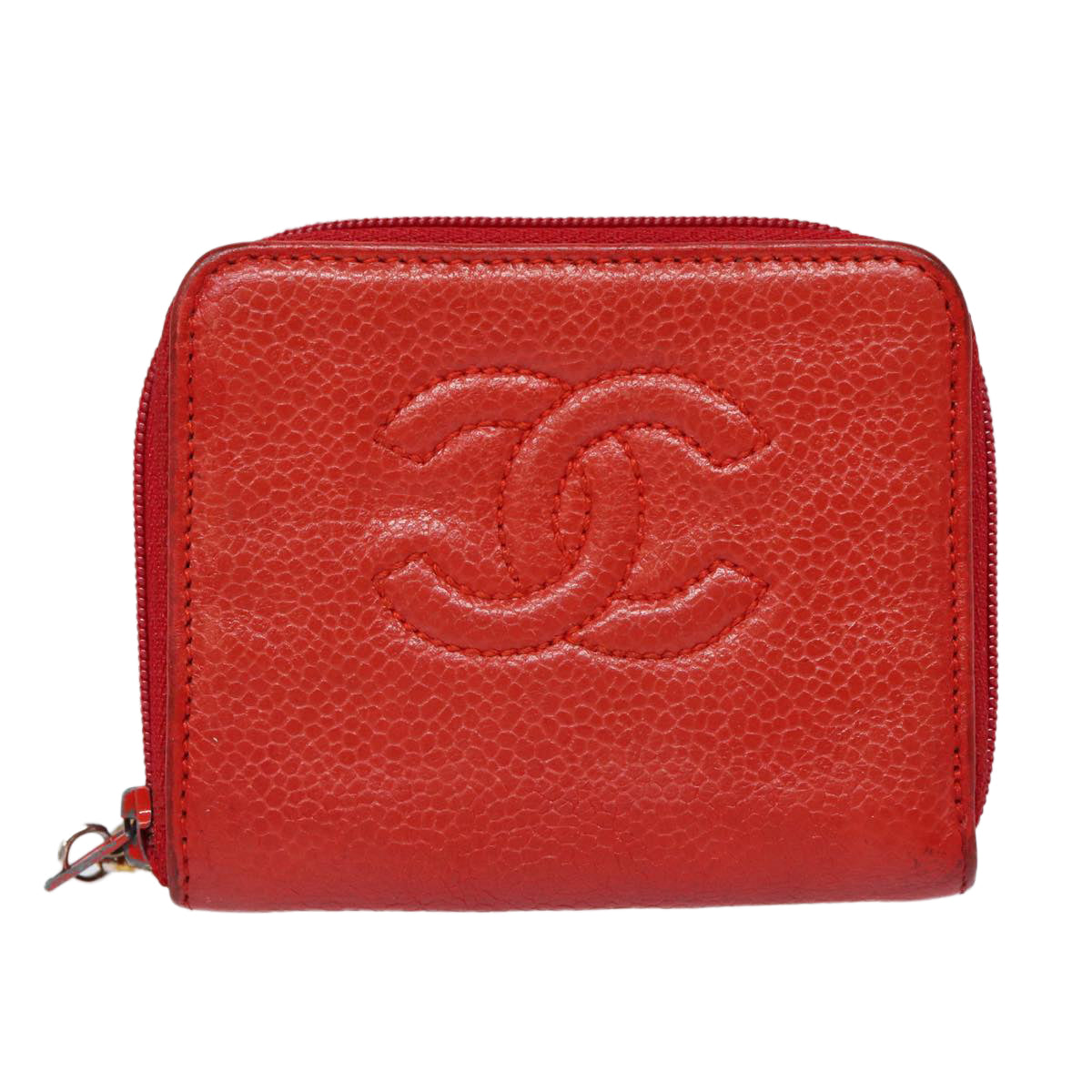 CHANEL COCO Mark Coin Purse Caviar Skin Gold Red CC Auth 88633